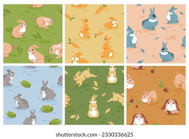 Decorative pattern set with cute rabbits character. Cartoon bunny at natural grass, background decoration collection, vector illustration. Holiday season with happy animal, carrot and cabbage