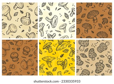 Decorative pattern set with hand drawn mushrooms. Colorful background decoration with natural ingredients, vector illustration. Seasonal sketch food at seamless banner design collection