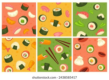 Decorative pattern set with japanese sushi menu. Background decoration with asian food, traditional cuisine with rolls, vector illustration. Chinese meal at template seamless wallpaper