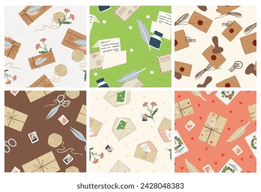 Decorative pattern set with letters in envelope. Flat vintage postal elements at background decoration, vector illustration. Colorful seamless banner collection with post mark,