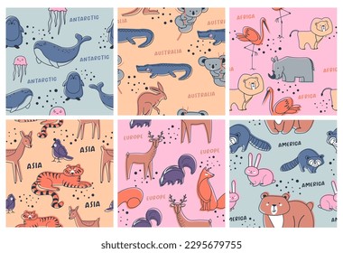 Decorative pattern set with line animals characters. Colorful background decoration with mainlands mammals, vector illustration. Seamless backdrop design collection with continent signs