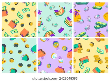 Decorative pattern set with money cash elements. Golden coin, wallet, dollar at colorful background decoration collection, vector illustration. Finance concept at seamless banner design