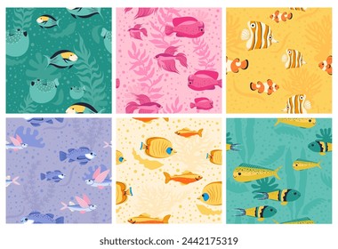 Decorative pattern set with ocean fish in water