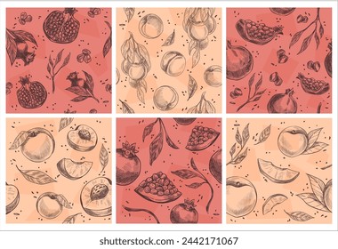 Conjunto de patrones decorativos con granate, melocotón. Fruta natural dibujada a mano con hojas, ilustración vectorial. Colección de decoración de fondo con alimentos frescos orgánicos, elemento de nutrición saludable
