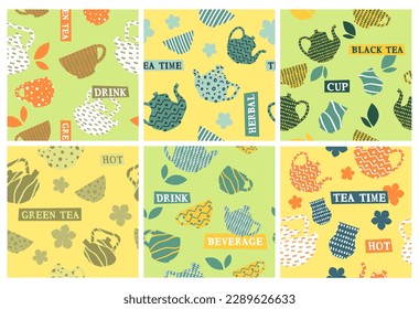 Decorative pattern set with teacup and kettle. Natural hot drink at background decoration collection, vector illustration. Seamless banner with tea time sign, flower and leaves elements