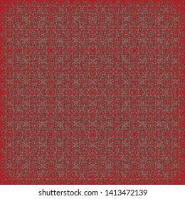 Decorative pattern, slightly clear, with signs or geometrical elements, with a granular texture. Red carpet. Embroidery. Decorative textured background. Vintage. Vector illustration.