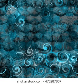 Padrão decorativo de espirais. Fundo grunge azul com círculos e traços. Padrão de vetor contínuo