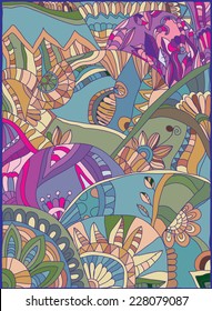 decorative pattern stylized foliage colors and lines, beautiful figure meadows with flowers
