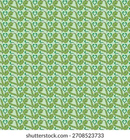 Decorative pattern with stylized green leaves and heart shapes repetition