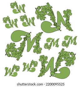 Decorative pattern of stylized letters M. Alphabet of oak leaves and acorns.