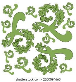 Decorative pattern of stylized letters Q. Alphabet of oak leaves and acorns.