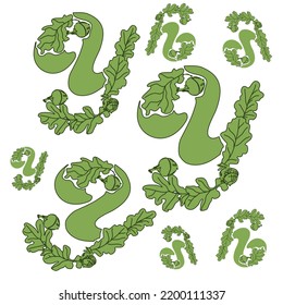 Decorative pattern of stylized letters Y. Alphabet of oak leaves and acorns.