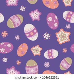 Decorative pattern with symbols of Easter, colored eggs and flowers on ultra violet background.