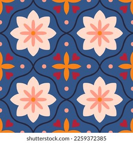 Decorative pattern with symmetrical shapes and abstract flowers. Floral tiled texture in retro style. Repetitive seamless mosaic background