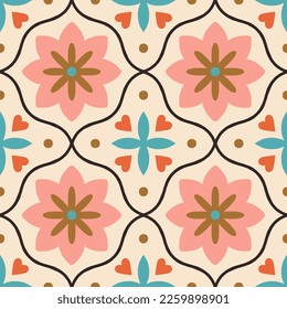Decorative pattern with symmetrical shapes and abstract flowers. Floral tiled texture in retro style. Repetitive seamless mosaic background