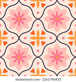 Decorative pattern with symmetrical shapes and abstract flowers. Floral tiled texture in retro style. Repetitive seamless mosaic background