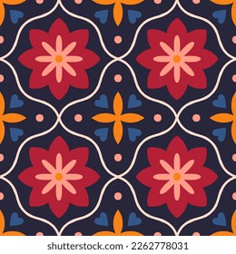 Decorative pattern with symmetrical shapes and abstract flowers. Floral tiled texture in retro style. Repetitive seamless mosaic background