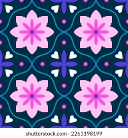 Dekoratives Muster mit symmetrischen Formen und abstrakten Blumen. Florale Fliesenstruktur im Retro-Stil. Wiederholter, nahtloser Mosaikhintergrund