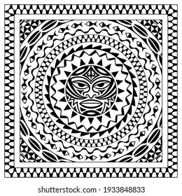 Decorative pattern with Thunder-like Tiki is symbol-mask of God for printing. Traditional tribal border of Maori people - Moko. Square ornament for bandana, silk neckerchief, tablecloth or kerchief. 