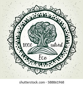 Decorative pattern tree. The concept of eco-packaging label, logos, natural products. Free hand drawing. The symbol of a healthy planet. Hippie, hipster, floral Boho Chic style. Vector