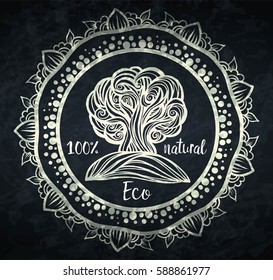 Decorative pattern tree. The concept of eco-packaging label, logos, natural products. Free hand drawing. Hippie, hipster, floral Boho Chic style. Vector. Chalk board texture