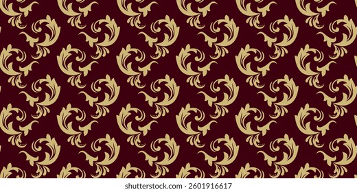 Decorative pattern with vintage element. Golden vintage elements on burgundy background. For background, textile, decoration in elegant style. Vector illustration.
