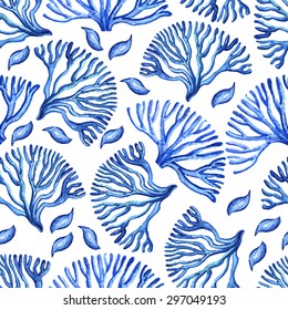 Decorative pattern with watercolor sea corals.  Vector illustration.  Seamless for fabric design, gift wrapping paper and printing and web projects