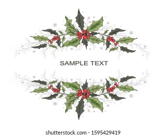 decorative pattern, wreath, floral elements, wreath of Holly branches. realistic hand-drawn Doodle with space for text. symbol of winter. for postcards, decor, scenery, Wallpaper.