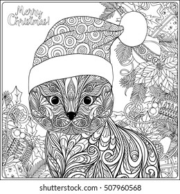 Decorative patterned cat in the hat of Santa Claus on a background of the Christmas tree with toys and gifts. Coloring book for adult. Outline drawing coloring page. Stock line vector illustration.