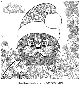 Decorative patterned cat in the hat of Santa Claus on a background of the Christmas tree with toys and gifts. Coloring book for adult. Outline drawing coloring page. Stock line vector illustration.