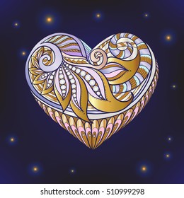 Decorative patterned colored gold Love Heart on black background. Stock line vector illustration.