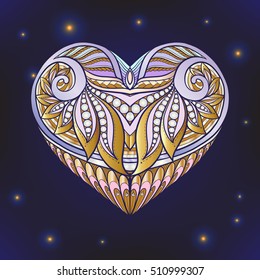 Decorative patterned colored gold Love Heart on black background. Stock line vector illustration.