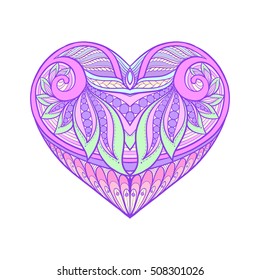 Decorative patterned colored love heart. Stock line vector illustration.