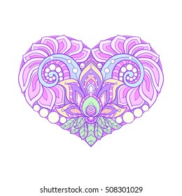 Decorative patterned colored love heart. Stock line vector illustration.