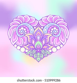 Decorative patterned colored love heart. Stock line vector illustration.