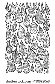 Decorative patterned drops illustration. Outline zen ethnic design elements. Beautiful coloring page.