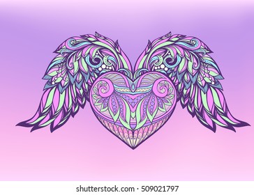 Decorative patterned Love Heart with angel wings. 