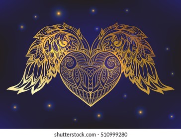 Decorative patterned Love Heart with angel wings in gold on black background Stock line vector illustration. 