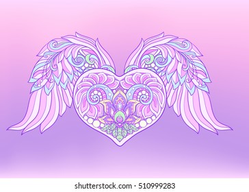 Decorative patterned Love Heart with angel wings. Stock line vector illustration. 