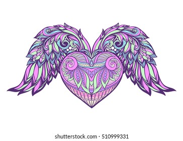 Decorative patterned Love Heart with angel wings. Stock line vector illustration. 