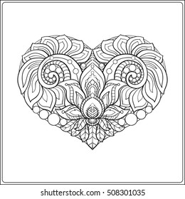 Decorative patterned Love Heart. Stock line vector illustration. Coloring book for adult. Outline drawing coloring page.