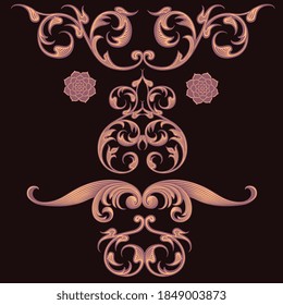 Máscara decorativa con estampado. Grabado a mano. Ilustración vectorial editable. Aislado sobre fondo negro. 8 EPS