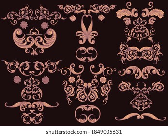 Decorative patterned masks. Design set. Hand drawn engraving. Editable vector vintage illustration. Isolated on black background. 8 EPS