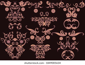 Decorative patterned masks. Design set. Hand drawn engraving. Editable vector vintage illustration. Isolated on black background. 8 EPS