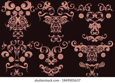 Decorative patterned masks. Design set. Hand drawn engraving. Editable vector vintage illustration. Isolated on black background. 8 EPS