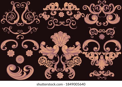 dekorative gemusterte Masken. Design-Set. Handgezeichnete Gravur. Bearbeitbare Vektorgrafik von Vintage. Einzeln auf schwarzem Hintergrund. 8 EPS