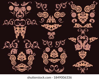 Mascarillas con motivos decorativos. Conjunto de diseño. Grabado a mano. Ilustración vectorial editable. Aislado sobre fondo negro. 8 EPS