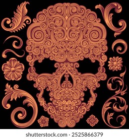 Decorative patterned skull. Design set. Editable hand drawn illustration. Vector vintage engraving. Isolated on black background. 8 EPS