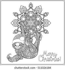 Decorative patterned sloth in the hat of Santa Claus on a snowflake background. Coloring book for adult. Outline drawing coloring page. Stock line vector illustration.