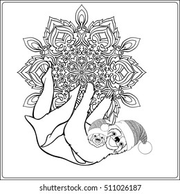 Decorative patterned sloth in the hat of Santa Claus on a snowflake background. Coloring book for adult. Outline drawing coloring page. Stock line vector illustration.